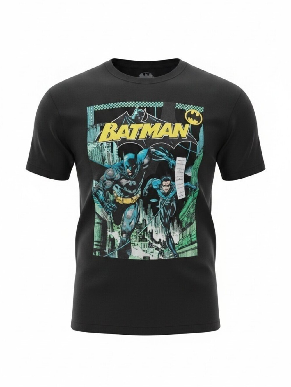 Batman Men's Black Graphic Tee with Yellow and Teal. Size Large, New